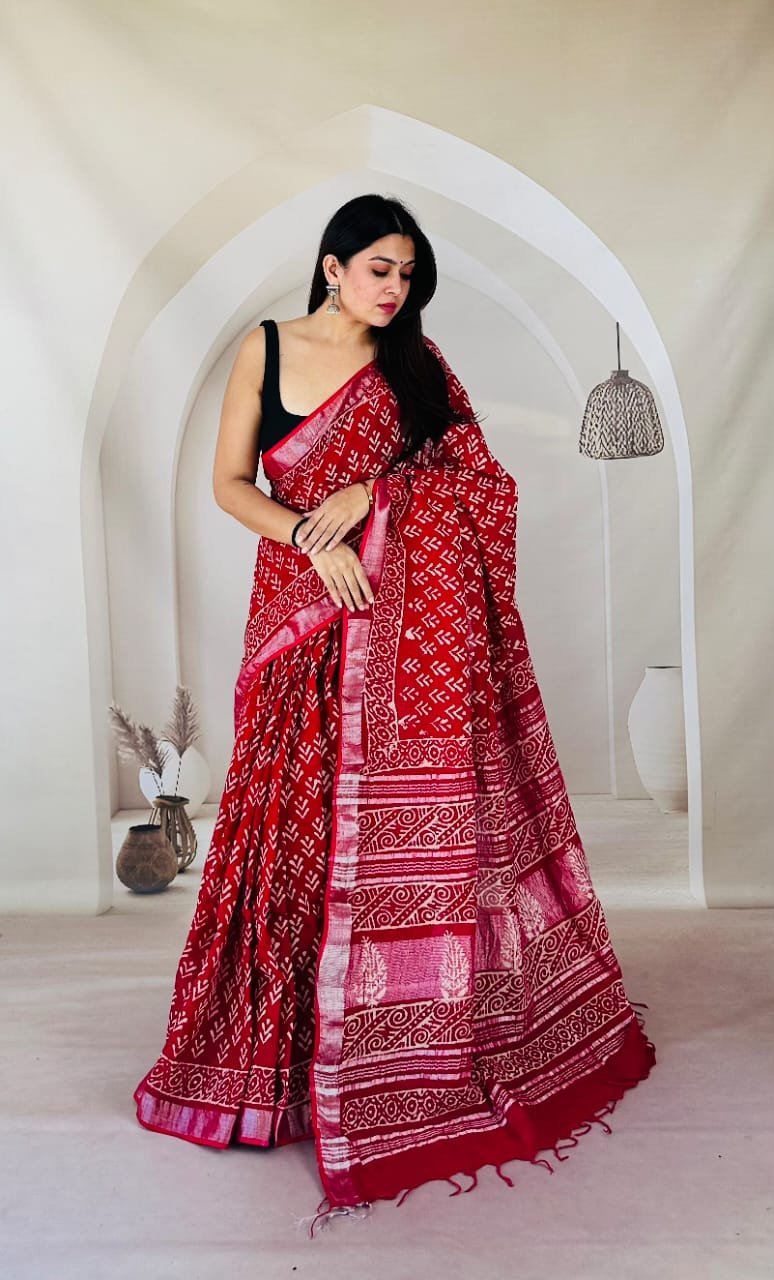 Hand Block Printed Linen Saree with Blouse